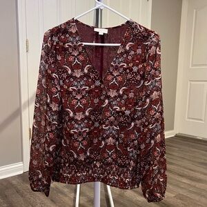 LOFT Maroon and White Patterned V-Neck Blouse